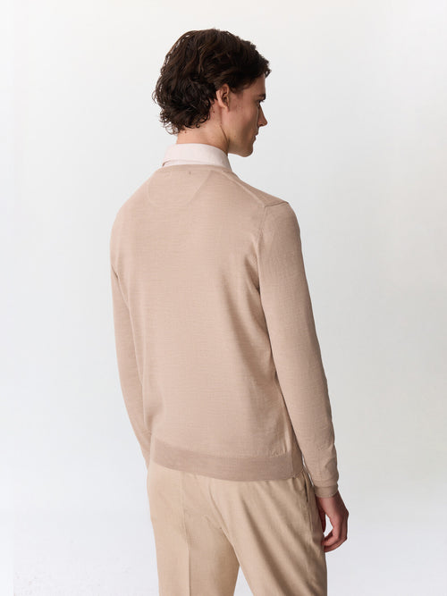 Pull col V en laine Mérinos mélangée beige - Father & Sons   - 2 