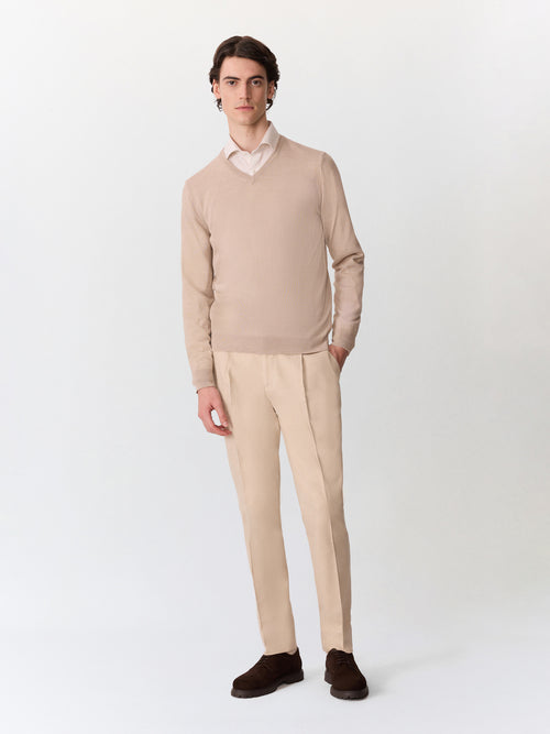 Pull col V en laine Mérinos mélangée beige - Father & Sons   - 5 