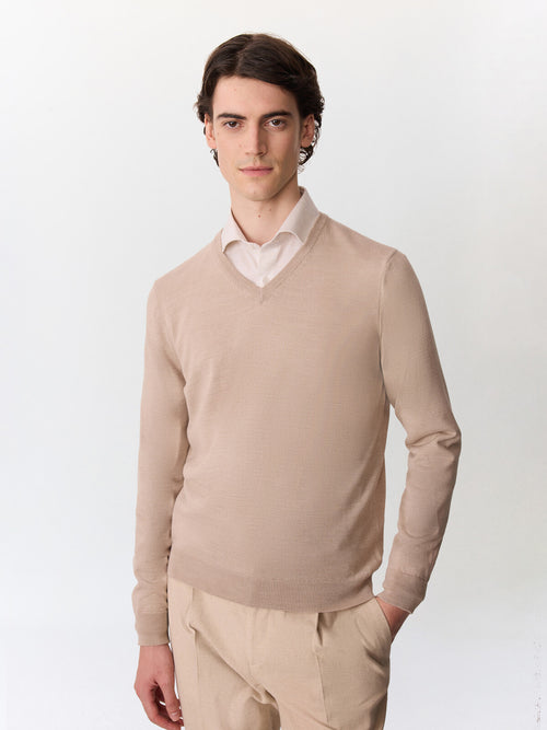 Pull col V en laine Mérinos mélangée beige - Father & Sons   - 1 