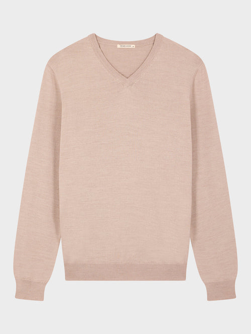 Pull col V en laine Mérinos mélangée beige - Father & Sons   - 6 