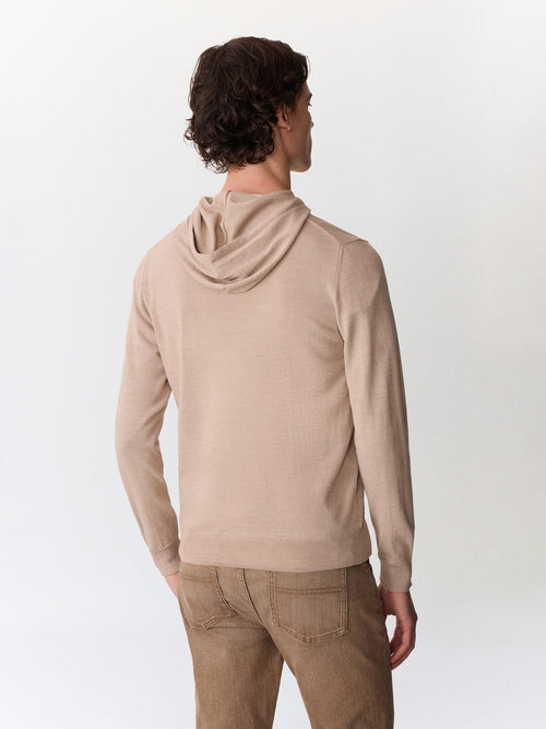 Gilet à capuche zippé en laine Mérinos mélangée beige - Father & Sons   - 2 