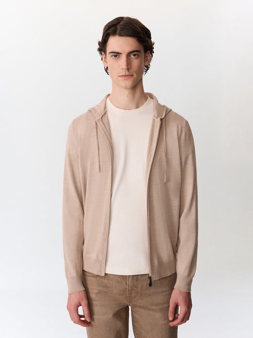 Gilet à capuche zippé en laine Mérinos mélangée beige - Father & Sons   - 1 