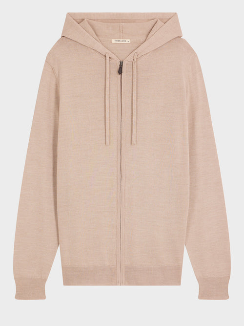 Gilet à capuche zippé en laine Mérinos mélangée beige - Father & Sons   - 4 