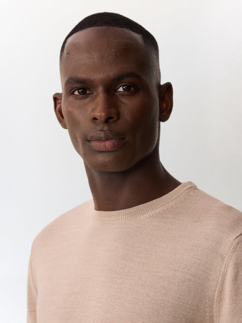 Pull col rond en laine Mérinos mélangée beige - Father & Sons   - 3 
