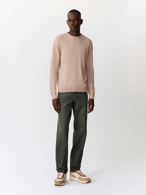 Pull col rond en laine Mérinos mélangée beige - Father & Sons   - 4 