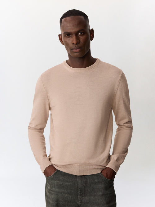 Pull col rond en laine Mérinos mélangée beige - Father & Sons   - 1 