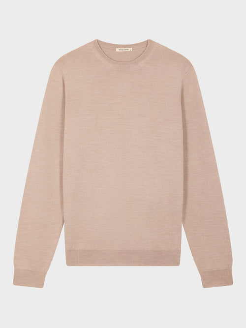 Pull col rond en laine Mérinos mélangée beige - Father & Sons   - 5 