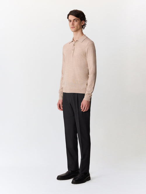 Pull col polo en laine Mérinos mélangée beige - Father & Sons   - 4 