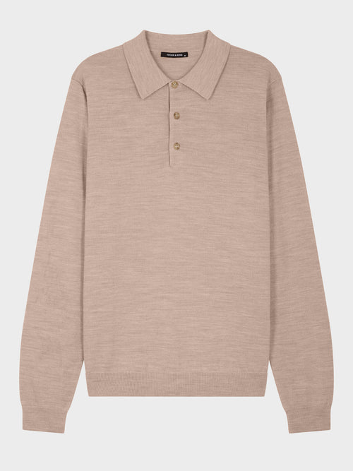 Pull col polo en laine Mérinos mélangée beige - Father & Sons   - 5 