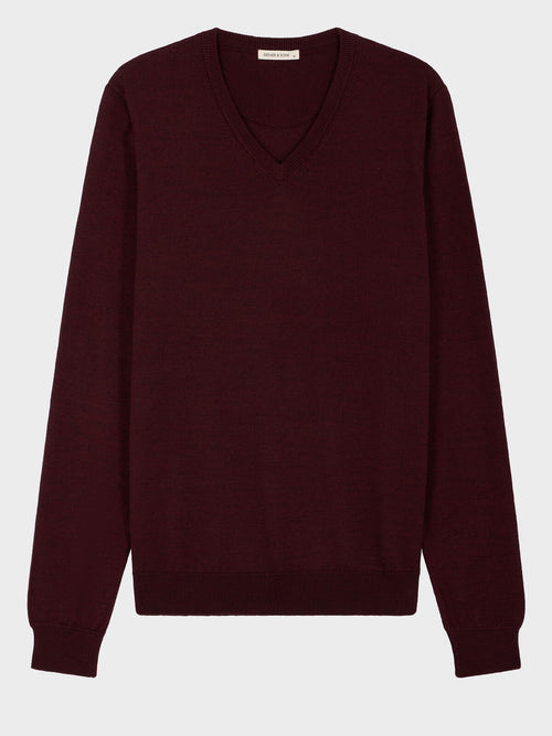 Pull col V en laine Mérinos mélangée bordeaux - Father & Sons   - 6 