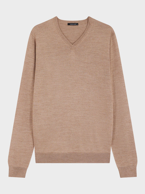 Pull col V en laine Mérinos mélangée camel - Father & Sons   - 4 