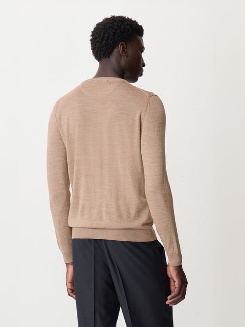 Pull col rond en laine Mérinos mélangée camel - 2 - Father & Sons   - 3 
