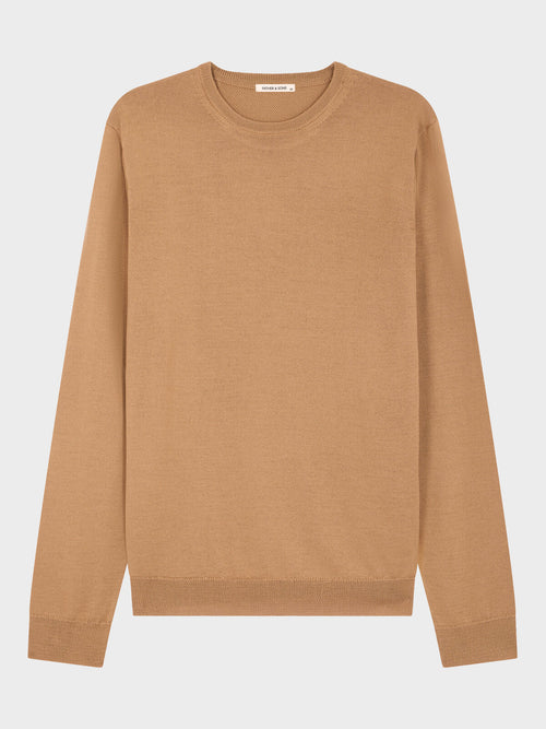Pull col rond en laine Mérinos mélangée camel - Father & Sons   - 5 