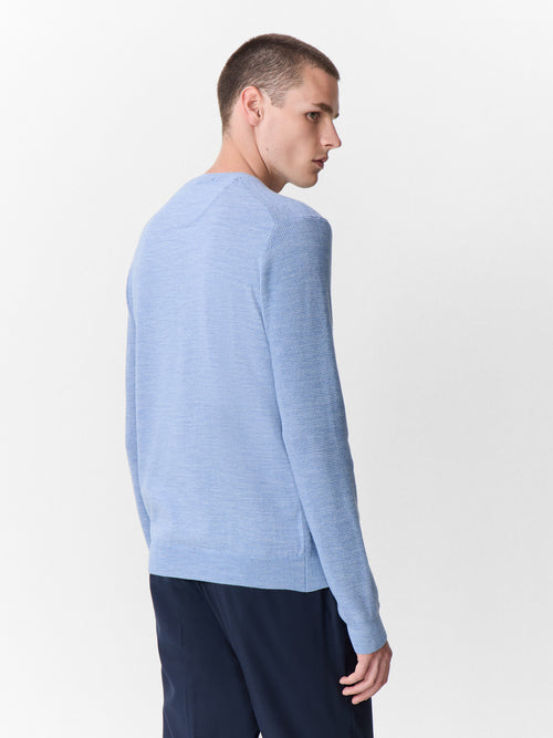 Pull col V en laine Mérinos mélangée bleu chambray - 2 - Father & Sons   - 8 