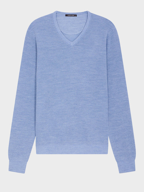 Pull col V en laine Mérinos mélangée bleu chambray - Father & Sons   - 4 