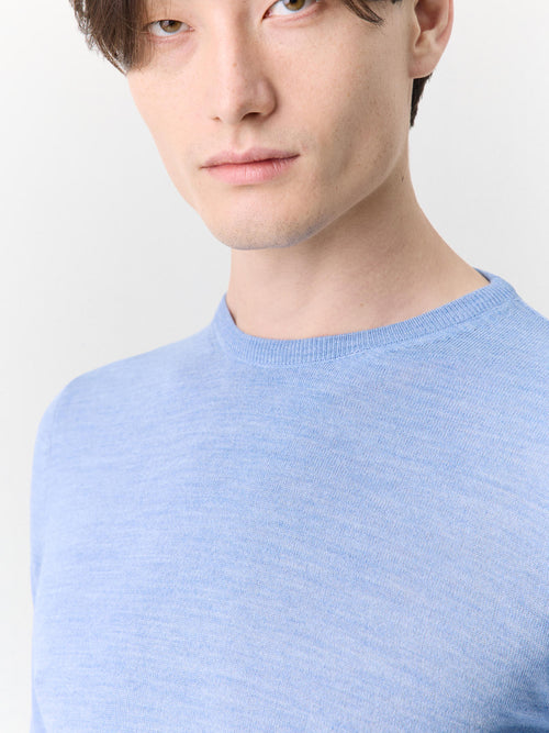 Pull col rond en laine Mérinos mélangée bleu chambray - Father & Sons   - 3 