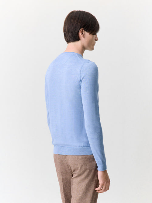 Pull col rond en laine Mérinos mélangée bleu chambray - 2 - Father & Sons   - 14 