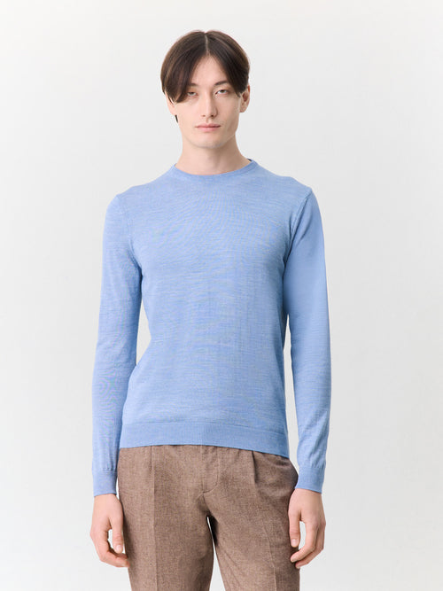 Pull col rond en laine Mérinos mélangée bleu chambray - 1 - Father & Sons   - 14 