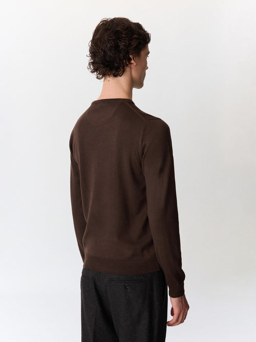 Pull col rond en laine Mérinos mélangée marron foncé - Father & Sons   - 2 