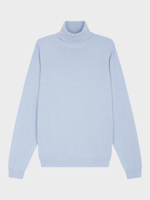 Pull col roulé en laine Mérinos mélangée bleu ciel - 1 - Father & Sons   - 11 