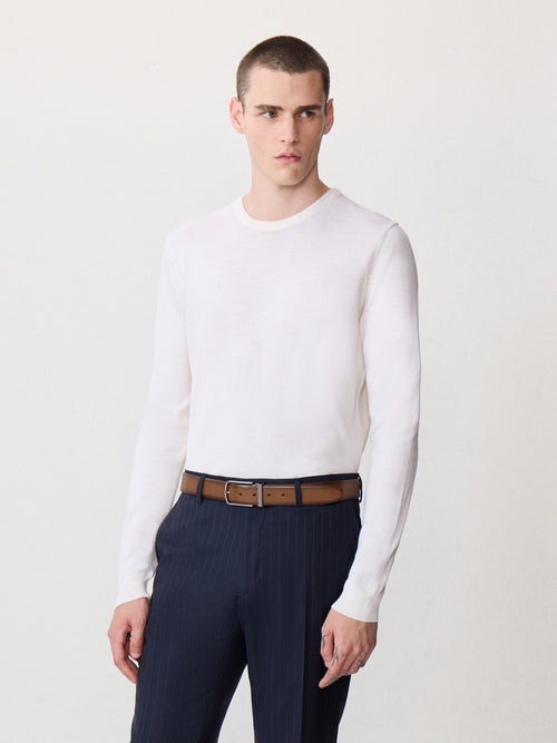 Pull col rond en laine Mérinos mélangée écrue - 1 - Father & Sons   - 1 