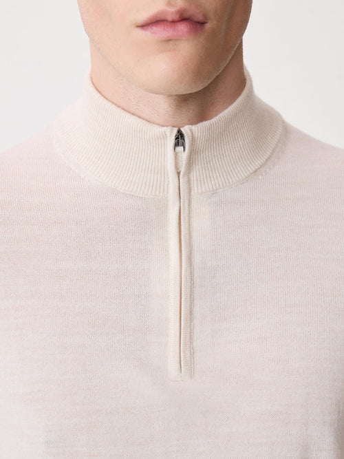 Pull col zippé en laine Mérinos mélangée beige - Father & Sons   - 3 