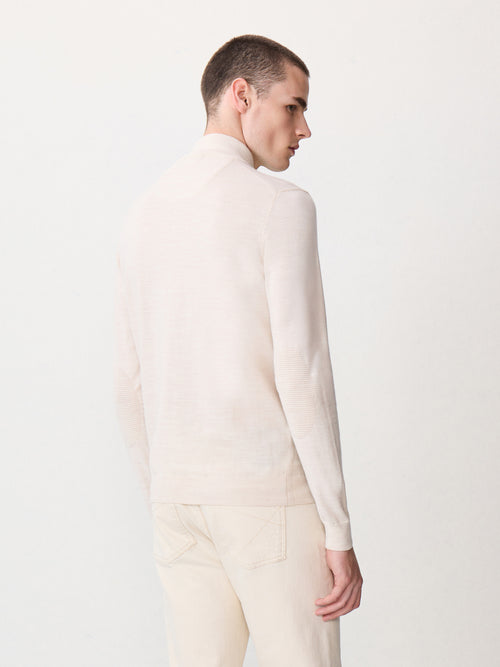 Pull col zippé en laine Mérinos mélangée beige - 2 - Father & Sons   - 12 