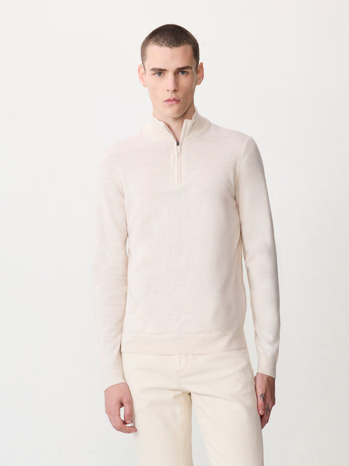 Pull col zippé en laine Mérinos mélangée beige - 1 - Father & Sons   - 12 