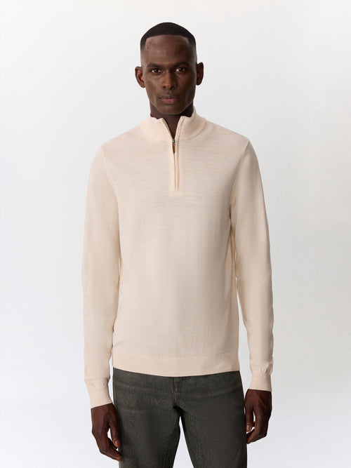 Pull col zippé en laine Mérinos mélangée écrue - 1 - Father & Sons   - 5 