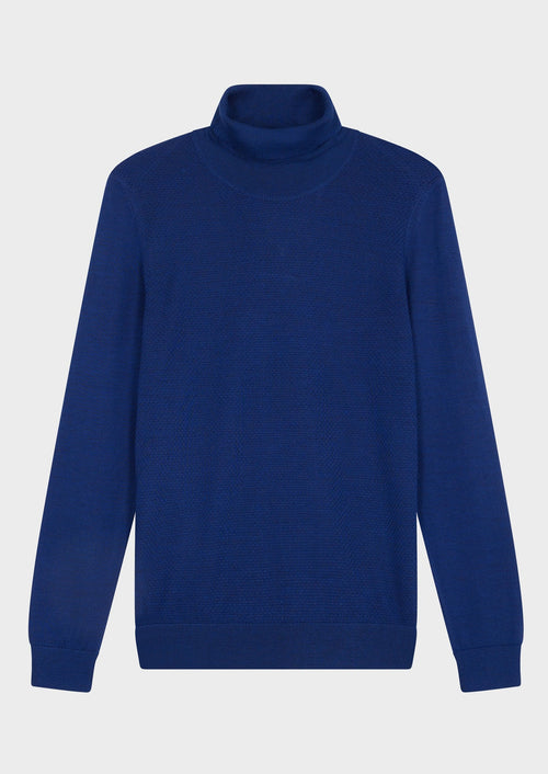 Pull col roulé en laine Mérinos mélangée unie bleu cobalt - 1 - Father & Sons   - 9 