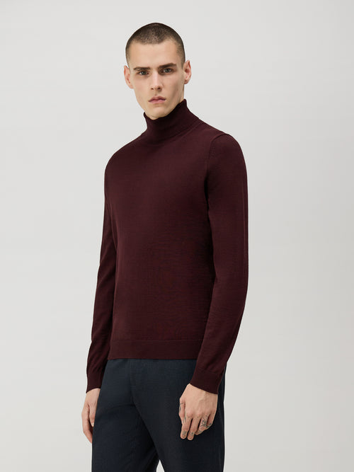 Pull col roulé en laine Mérinos mélangée bordeaux - Father & Sons   - 1 