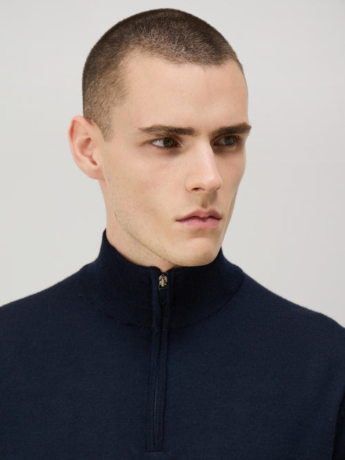 Pull col zippé en laine Mérinos mélangée bleu marine - Father & Sons   - 3 