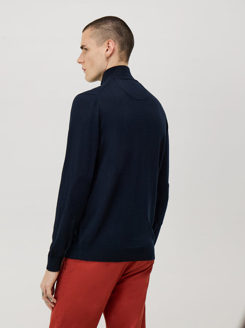Pull col zippé en laine Mérinos mélangée bleu marine - Father & Sons   - 2 