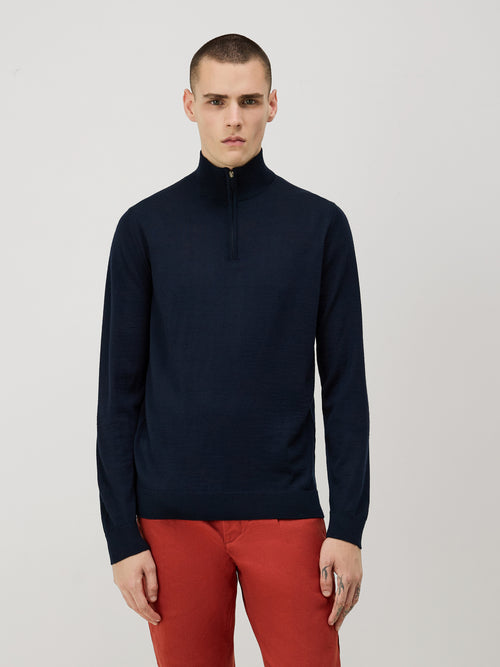 Pull col zippé en laine Mérinos mélangée bleu marine - Father & Sons   - 1 