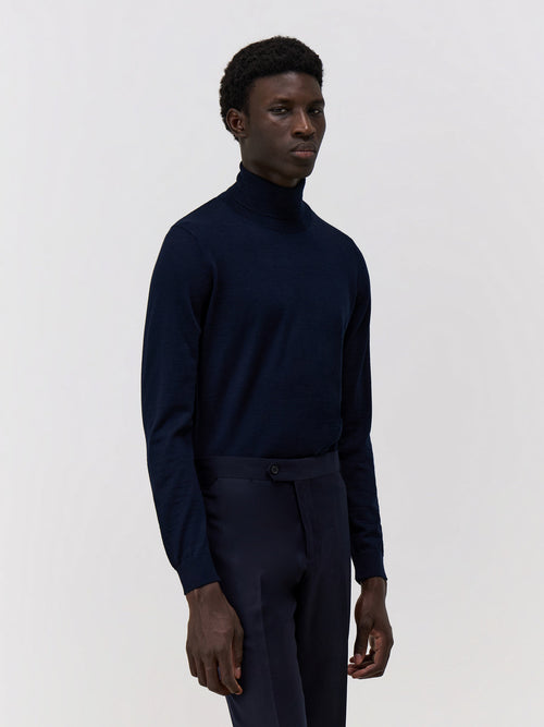 Pull col roulé en laine Mérinos mélangée bleu marine - Father & Sons   - 1 