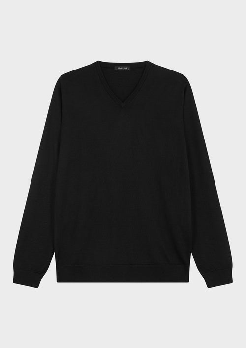 Pull col V en laine Mérinos mélangée unie noire - 1 - Father & Sons   - 14 