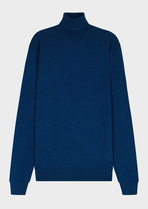 Pull col roulé en laine Mérinos mélangée unie bleu prusse - 1 - Father & Sons   - 15 