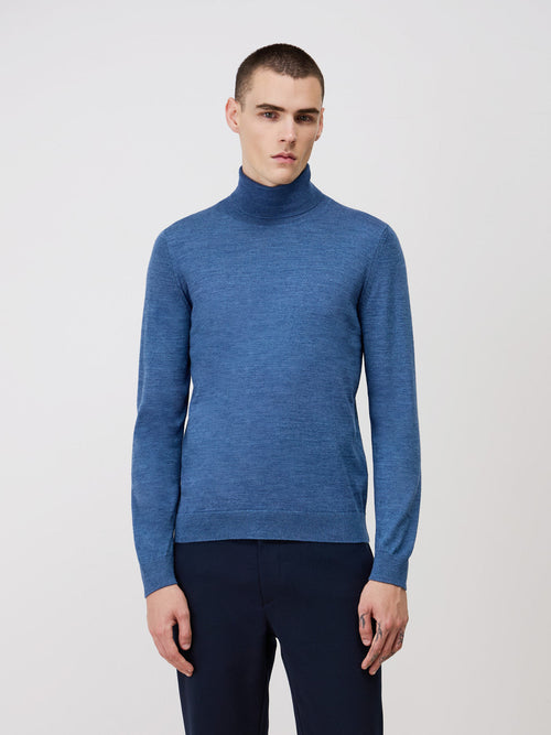 Pull col roulé en laine Mérinos mélangée bleu turquin - Father & Sons   - 1 