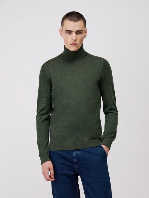 Pull col roulé en laine Mérinos mélangée olive - Father & Sons   - 1 