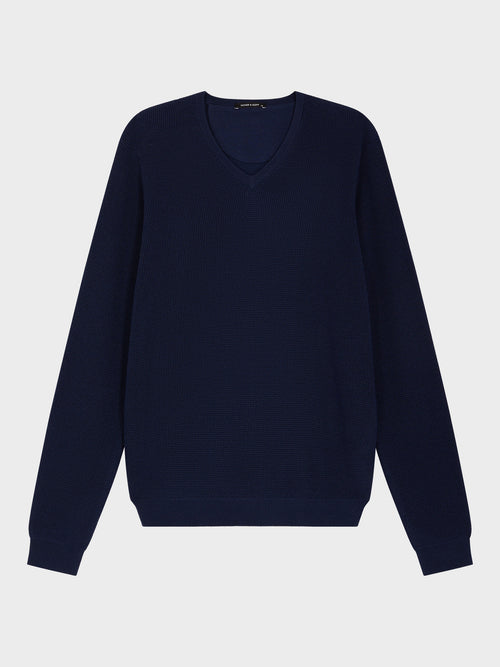 Pull col V en laine Mérinos mélangée bleu indigo - 1 - Father & Sons   - 9 