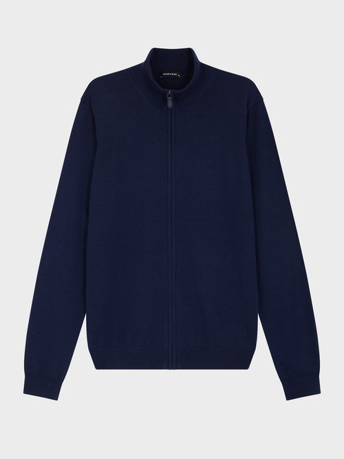 Gilet zippé en laine Mérinos mélangée bleu indigo - 1 - Father & Sons   - 9 