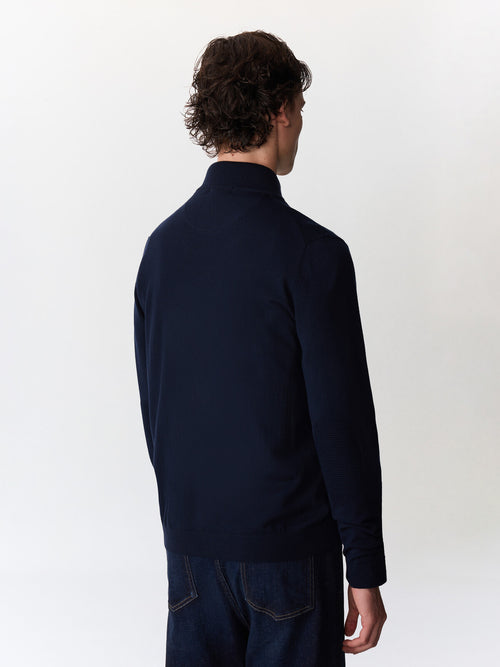 Gilet zippé en laine Mérinos mélangée bleu indigo - 2 - Father & Sons   - 8 