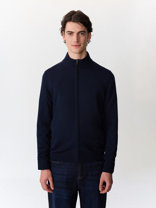 Gilet zippé en laine Mérinos mélangée bleu indigo - 1 - Father & Sons   - 8 