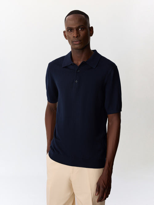 Polo en laine Mérinos mélangée bleu indigo - 1 - Father & Sons   - 8 