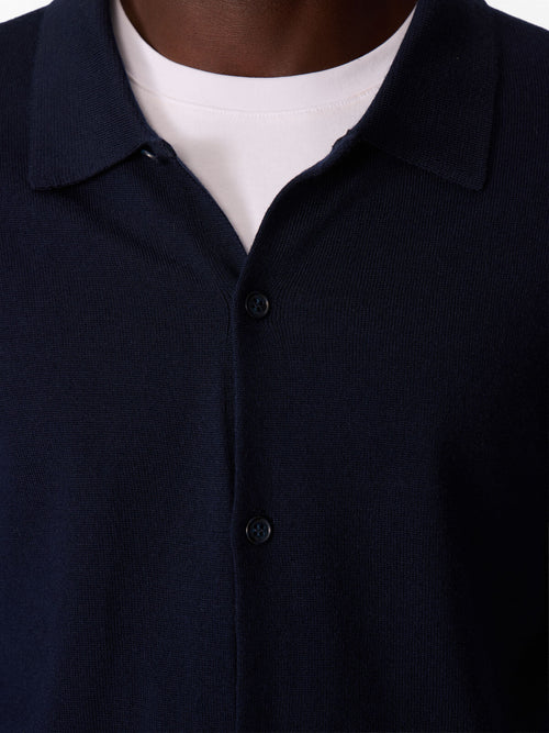 Gilet boutonné en laine Mérinos mélangée bleu indigo - Father & Sons   - 4 
