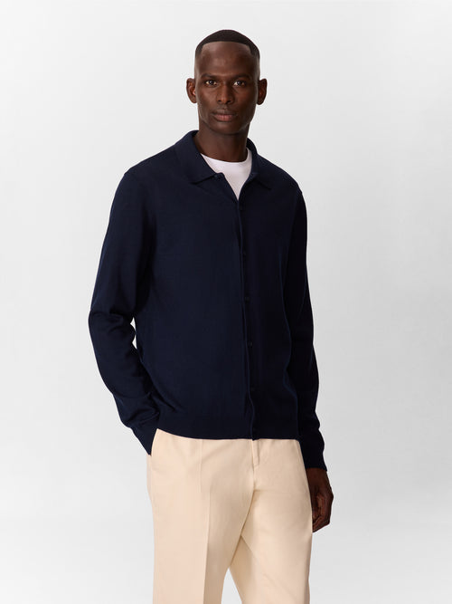 Gilet boutonné en laine Mérinos mélangée bleu indigo - 1 - Father & Sons   - 9 