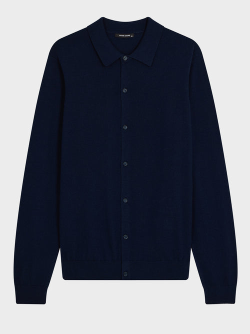 Gilet boutonné en laine Mérinos mélangée bleu indigo - Father & Sons   - 1 