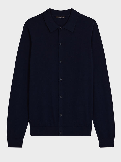 Gilet boutonné en laine Mérinos mélangée bleu indigo - Father & Sons   - 6 