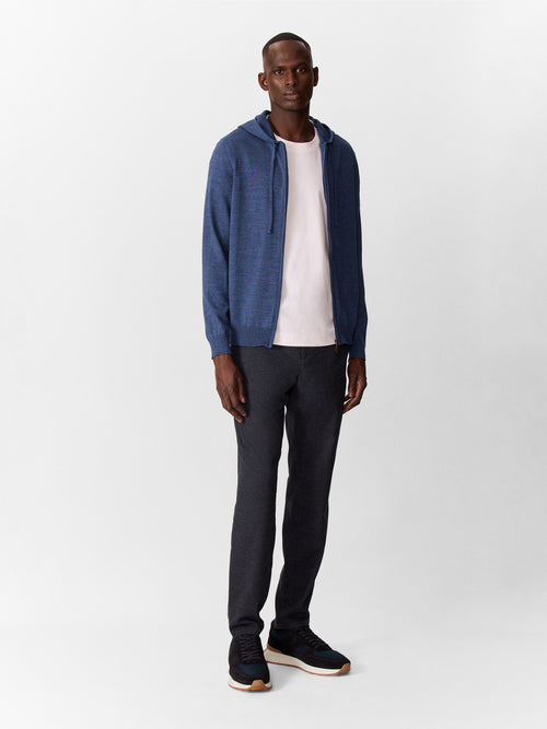Gilet à capuche zippé en laine Mérinos mélangée bleu jeans - Father & Sons   - 5 
