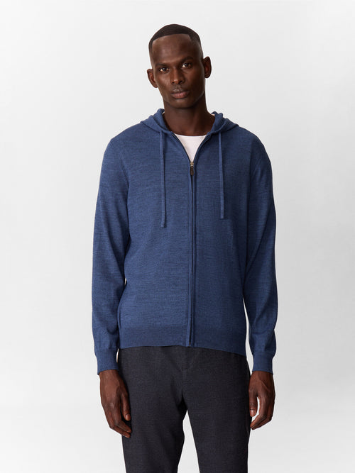 Gilet à capuche zippé en laine Mérinos mélangée bleu jeans - 1 - Father & Sons   - 5 
